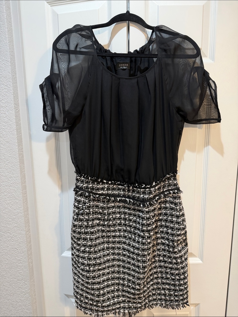 Guess Black Sheer-Sleeve Dress with Black & White Tweed Skirt and Pockets